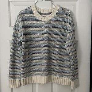 LOFT Women's Blue and Cream Striped Crewneck Sweater